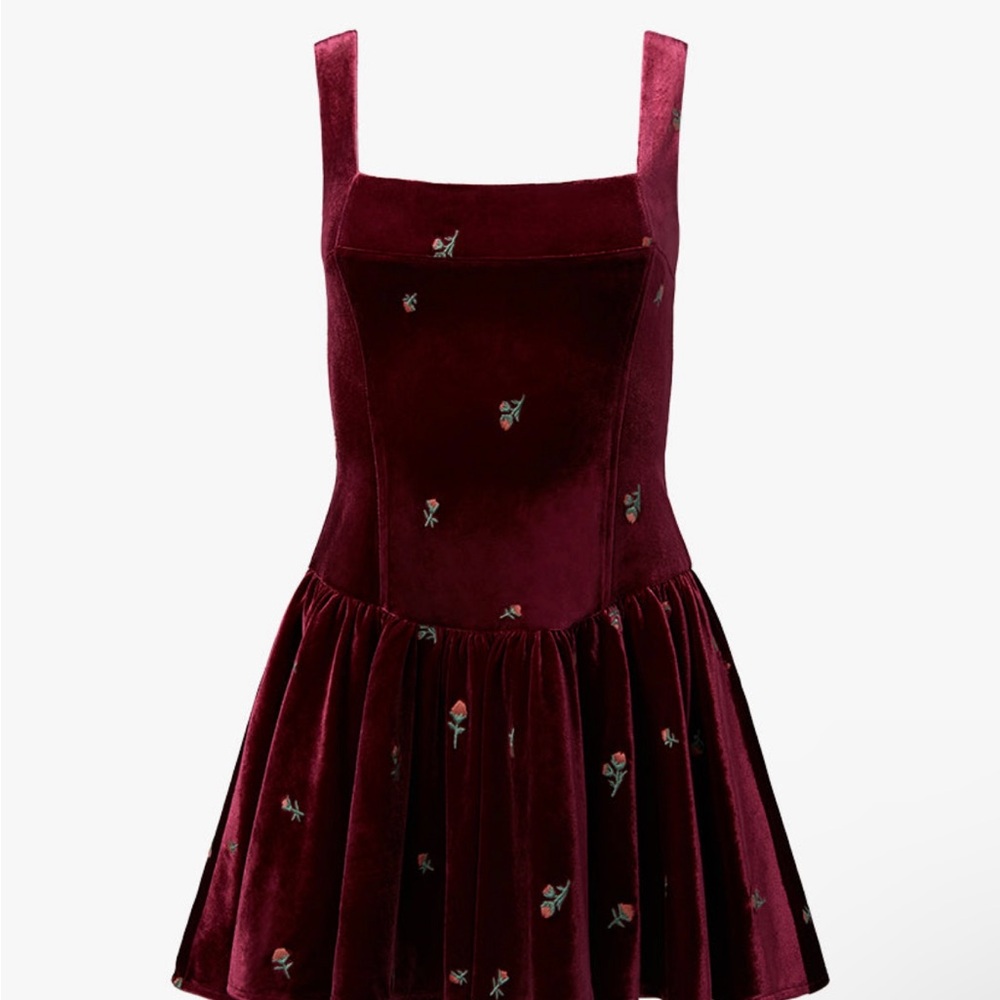 Velvet Burgundy Dress with Floral Embroidery